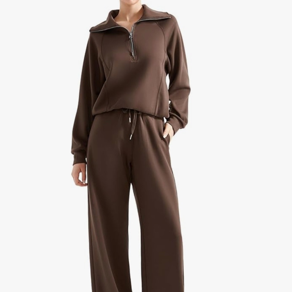 Comfy 2-Piece Lounge Set – Brown Half Zip & Wide Leg Pants